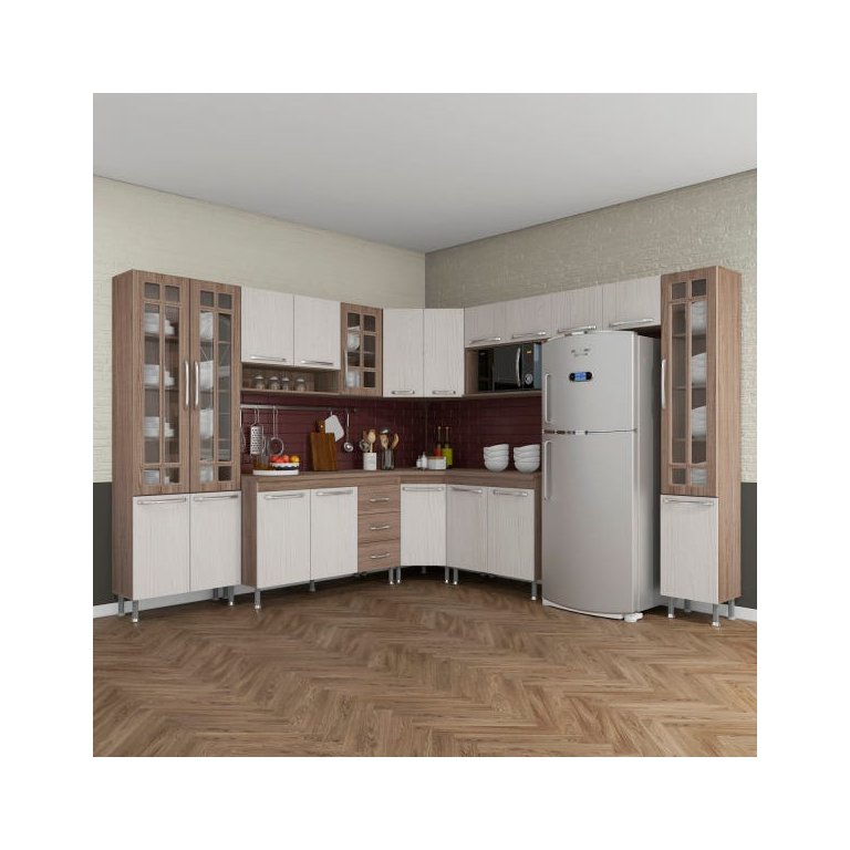 Cozinha Completa Predilleta Gabrieli Modulada 9 Peça 515cm 20 Porta 3 Gaveta com Tampo Nogal Salina