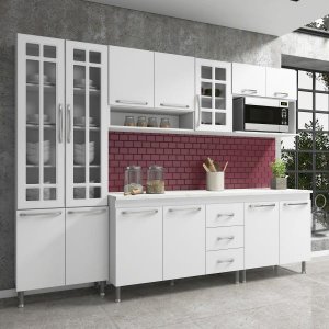 Cozinha Completa Predilleta Clara Modulada 5 Peças 260cm 13 Portas 3 Gavetas com Tampo Branco