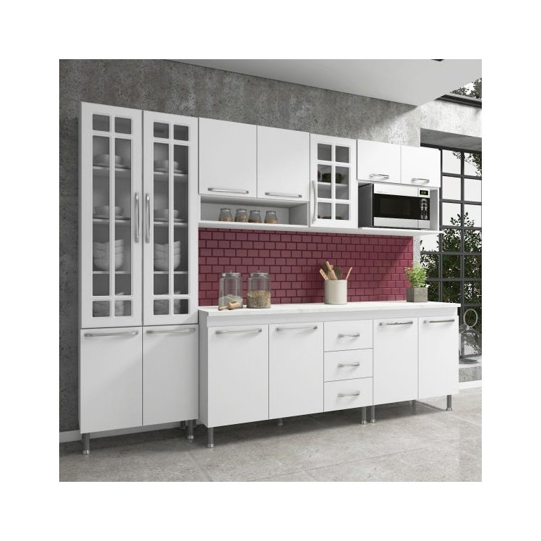 Cozinha Completa Predilleta Clara Modulada 5 Peças 260cm 13 Portas 3 Gavetas com Tampo Branco