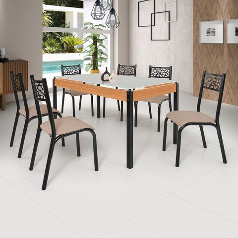 Conjunto Sala de Jantar Mesa 140cm x 77cm Tampo Vidro com 6 Cadeiras Jade Preto/Fosco/Bege