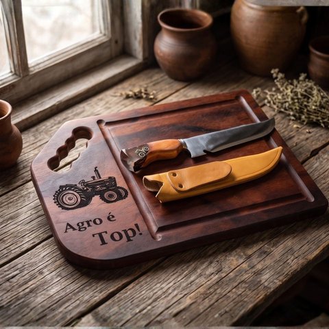 Kit Churrasco Tábua Agro É Top + Faca 9,5" Resina Trator