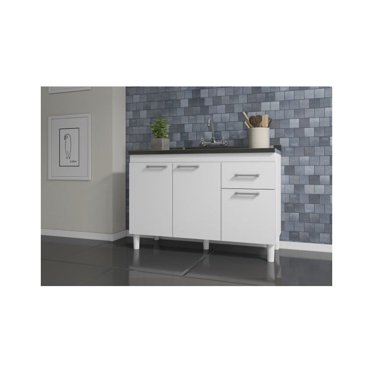Balcão de Cozinha Predilleta Adrieli para Pia de 120cm 3 Portas e 1 Gaveta Branco