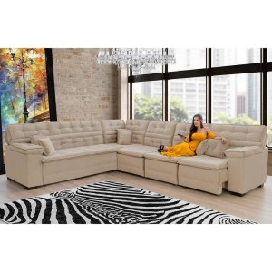 Sofá Magno 2.57x3.77m de Canto, Retrátil e Reclinável - Bege