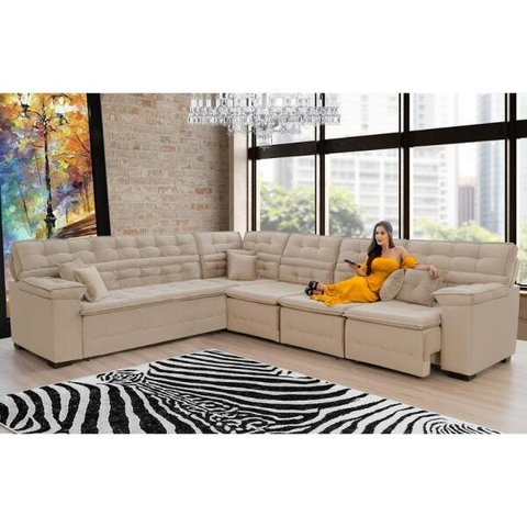 Sofá Magno 2.57x3.77m de Canto, Retrátil e Reclinável - Bege