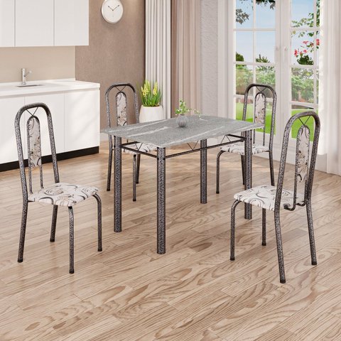 Conjunto de Mesa Tubular 100cm x 60cm Tampo Granito Topázio com 4 Cadeiras Lívia Prata/Arabesco/Mart