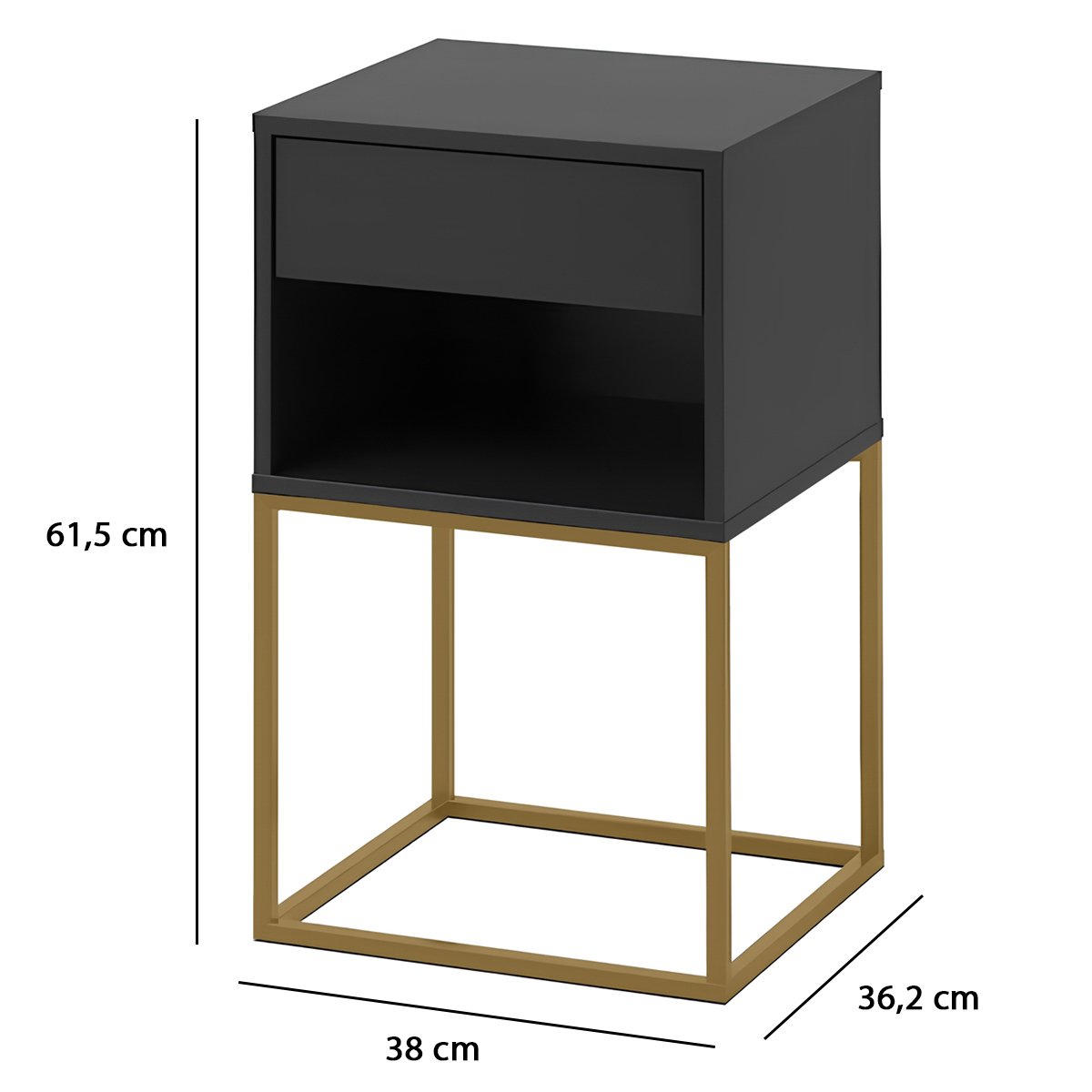 Mesa de Cabeceira Industrial Pé de Aço 1 Gaveta Corrediça Telescópica 1 Nicho - Preto/pé Dourado - 5