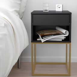 Mesa de Cabeceira Industrial Pé de Aço 1 Gaveta Corrediça Telescópica 1 Nicho - Preto/pé Dourado - 10