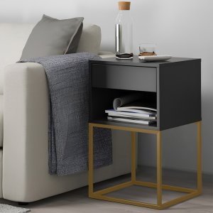 Mesa de Cabeceira Industrial Pé de Aço 1 Gaveta Corrediça Telescópica 1 Nicho - Preto/pé Dourado