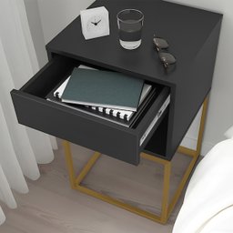 Mesa de Cabeceira Industrial Pé de Aço 1 Gaveta Corrediça Telescópica 1 Nicho - Preto/pé Dourado - 9