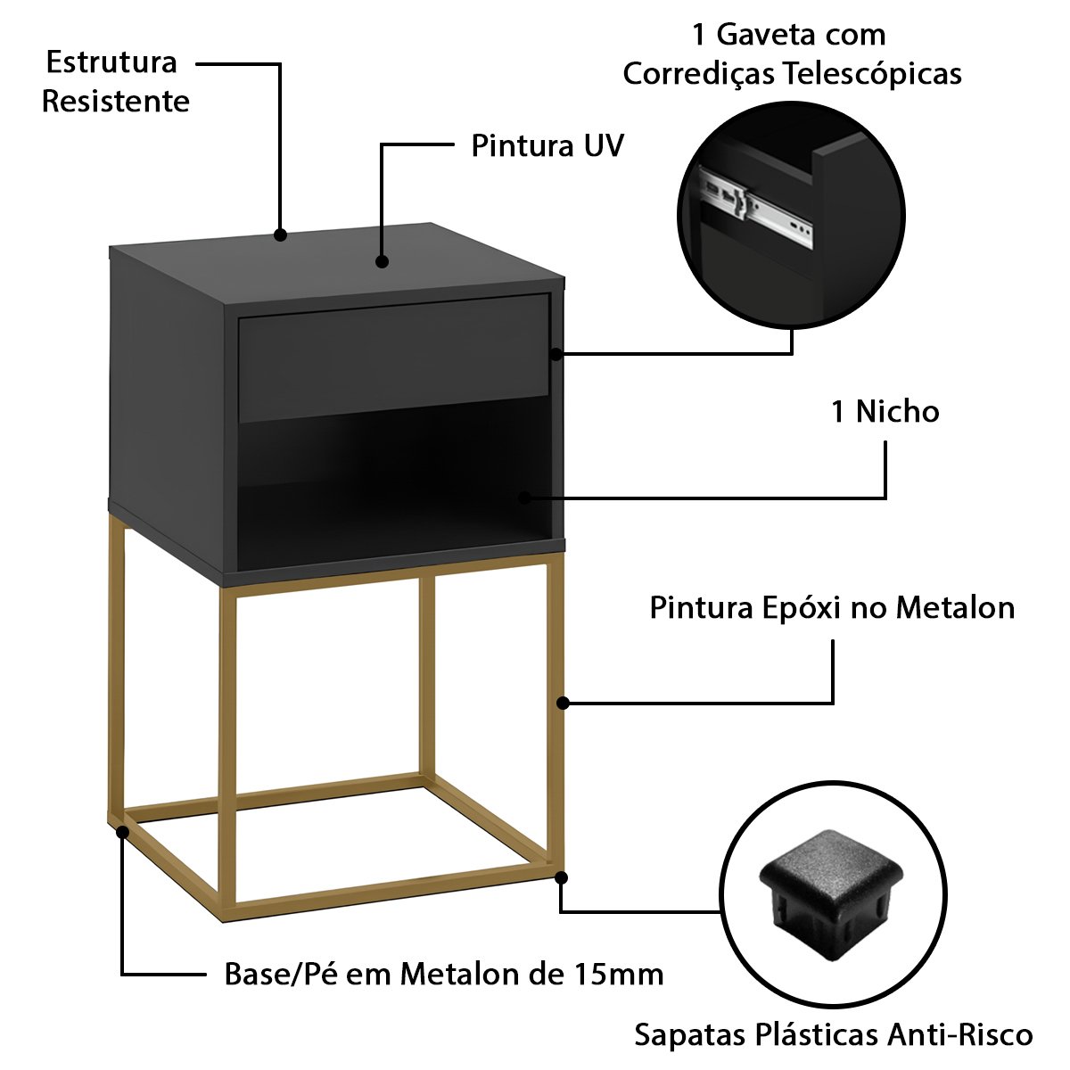 Mesa de Cabeceira Industrial Pé de Aço 1 Gaveta Corrediça Telescópica 1 Nicho - Preto/pé Dourado - 6