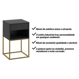 Mesa de Cabeceira Industrial Pé de Aço 1 Gaveta Corrediça Telescópica 1 Nicho - Preto/pé Dourado - 7