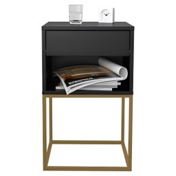 Mesa de Cabeceira Industrial Pé de Aço 1 Gaveta Corrediça Telescópica 1 Nicho - Preto/pé Dourado - 3