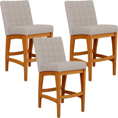 Kit 03 Banquetas Baixa Para Cozinha Bancada 90 cm Fixa Mila L02 Linho Bege - Lyam Decor Banqueta Bai