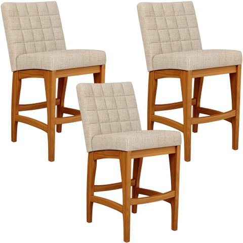 Kit 03 Banquetas Baixa para Cozinha Bancada 90 cm Fixa Mila L02 Linho Bege - Lyam Decor Banqueta Bai