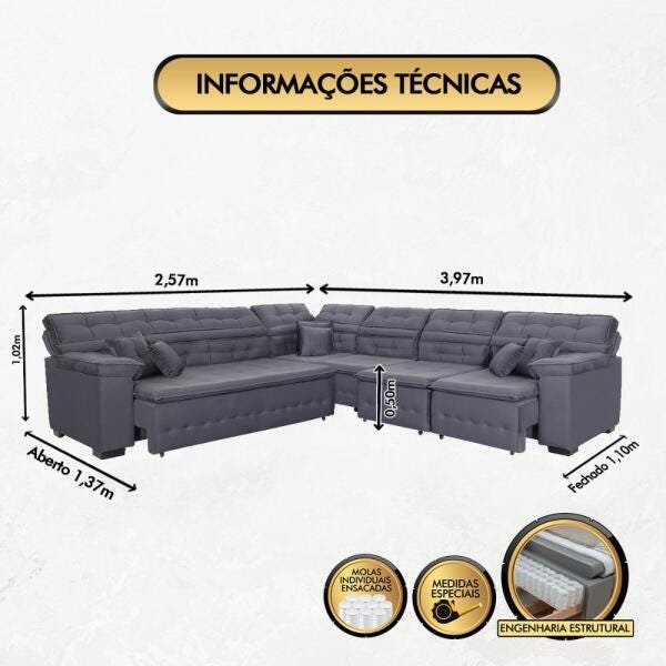 Sofá Magno 2.57x3.97m de Canto, Retrátil e Reclinável - Chumbo - 2