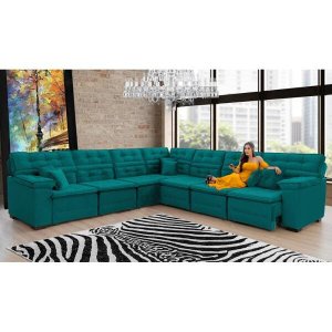 Sofá Magno 3.32x3.97m de Canto, Retrátil e Reclinável - Verde