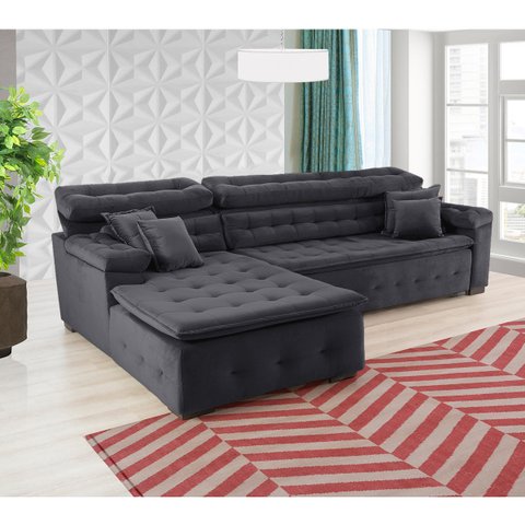 Sofá Orlando 2.40x1.50m com Chaise, Retrátil e Reclinável - Chumbo