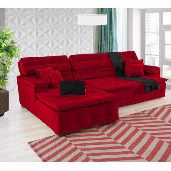 Sofá Orlando 2.40x1.50m com Chaise, Retrátil e Reclinável - Vermelho