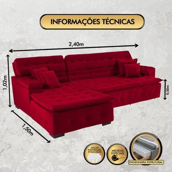 Sofá Orlando 2.40x1.50m com Chaise, Retrátil e Reclinável - Vermelho - 2