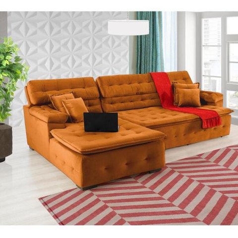 Sofá Orlando 2.40x1.70m com Chaise, Retrátil e Reclinável - Terra