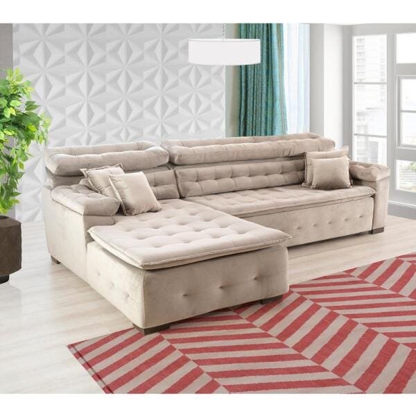 Sofá Orlando 2.40x1.90m com Chaise, Retrátil e Reclinável - Bege