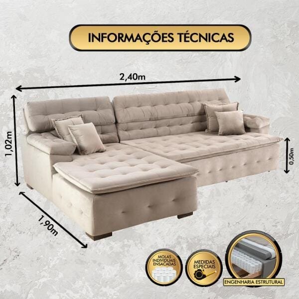 Sofá Orlando 2.40x1.90m com Chaise, Retrátil e Reclinável - Bege - 3