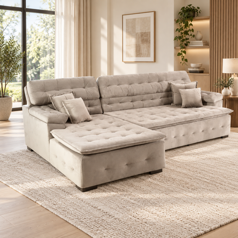 Sofá Orlando 2.40x1.90m com Chaise, Retrátil e Reclinável - Bege
