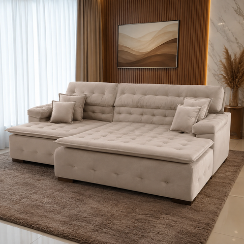 Sofá Orlando 2.40x1.90m com Chaise, Retrátil e Reclinável - Bege