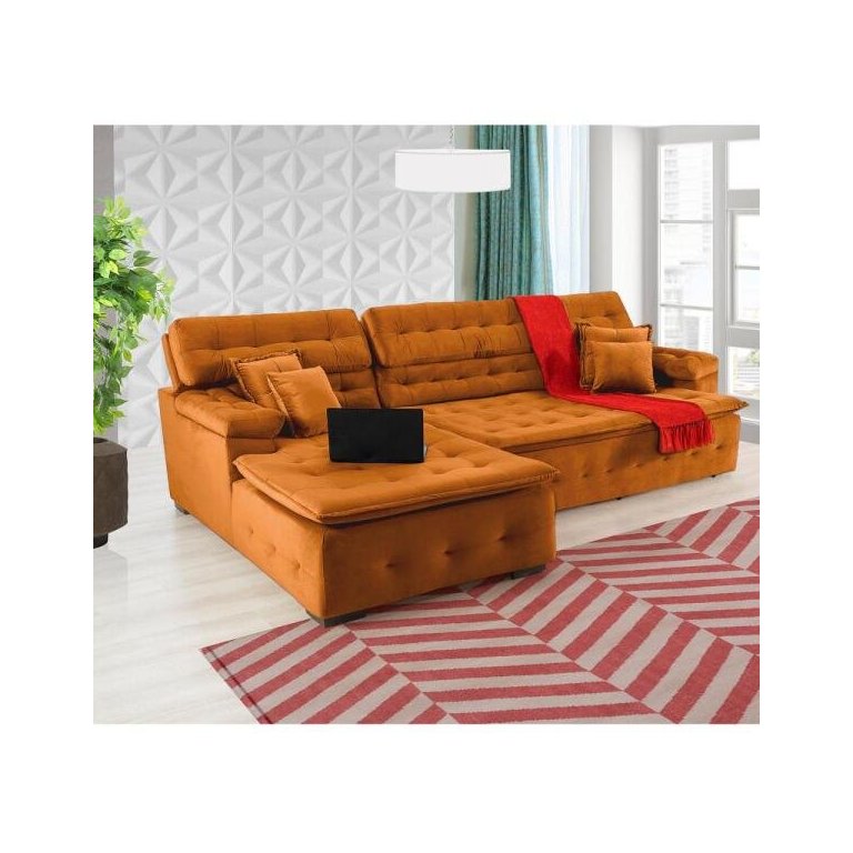 Sofá Orlando 2.40x1.90m com Chaise, Retrátil e Reclinável - Terra