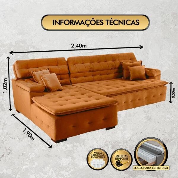 Sofá Orlando 2.40x1.90m com Chaise, Retrátil e Reclinável - Terra - 2