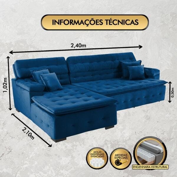 Sofá Orlando 2.40x2.10m com Chaise, Retrátil e Reclinável - Azul - 2