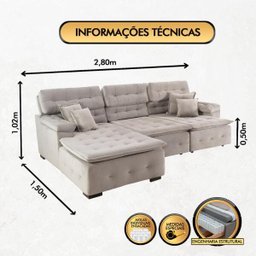 Sofá Orlando 2.80x1.50m com Chaise, Retrátil e Reclinável - Avelã - 2