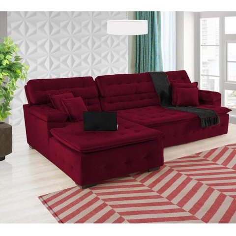 Sofá Orlando 2.40x2.10m com Chaise, Retrátil e Reclinável - Vinho
