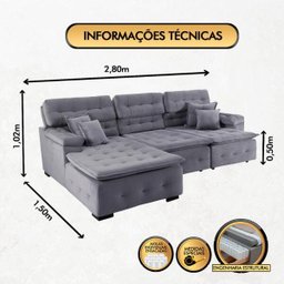 Sofá Orlando 2.80x1.50m com Chaise, Retrátil e Reclinável - Chumbo - 2