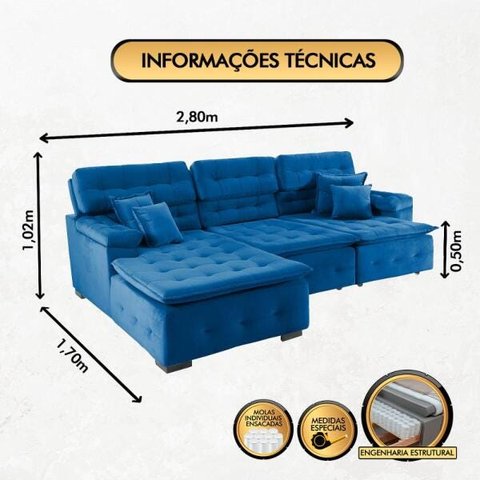 Sofá Orlando 2.80x1.70m com Chaise, Retrátil e Reclinável - Azul