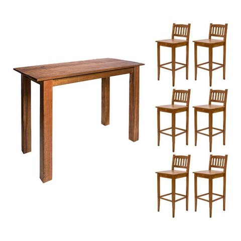 Aparador de Apoio 1,60m para Bar Rústico Decorativo com 6 Banquetas Bh em Madeira Maciça - Natural