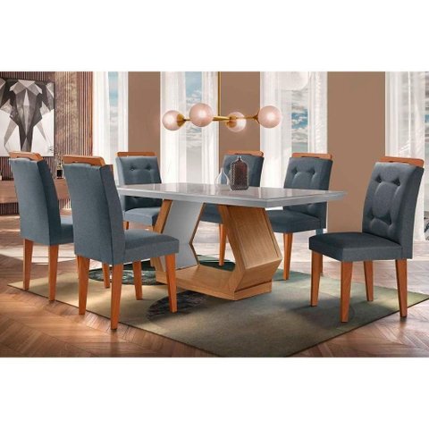 Sala de Jantar Completa Alvorada Tampo Madeirado C- Vidro Canto Reto 180x90cm e 6 Cadeiras