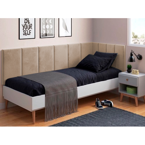 Conjunto Cabeceira Painel Estofada para Cama de Solteiro - Bege
