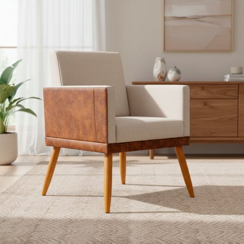 Poltrona Decorativa Lis para Sala Quarto Recepção Linho Corino Assento Confortável Pé Castanho