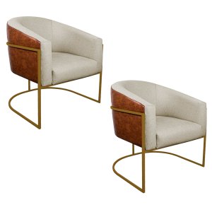 Kit 2 Poltronas Luiza Base de Ferro Dourado Corano Nozes e Linho Bege - Adj Decor