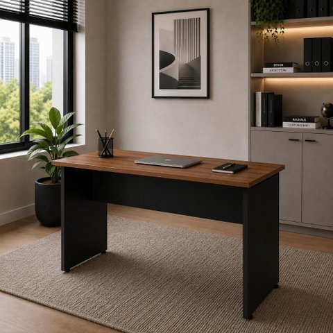 Escrivaninha Retangular F5 Office Moderno sem Gavetas MDP 135cm Nogal com Preto