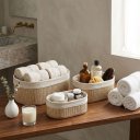 Ver imagem 2 de Cestos Organizadores Decorativos com Forro em Tecido Kit 3 – Conjunto Multiuso para Banheiro, Quarto