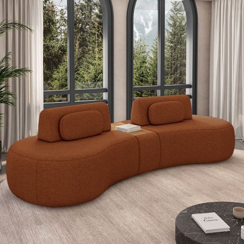 Sofá Sala de Estar Modulado França 302cm com Encosto Articulável Mesa Central e Almofadas Linho Terr