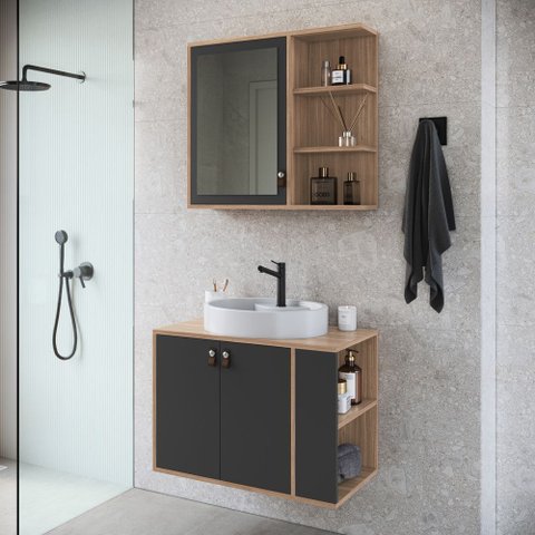 Conjunto Gabinete de Banheiro Suspenso com Espelho 68cm Emovell