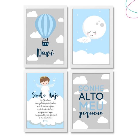 4 Quadros Decoração Quarto Menino Nuvem e Balão Santo Anjo:branca