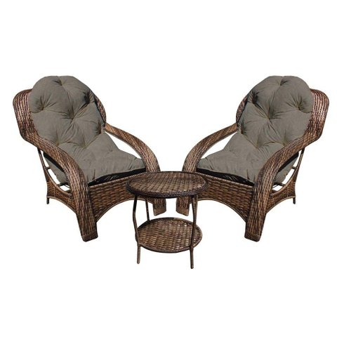 Conjunto de Poltronas Fibra Sintética Espreguiçadeira - 2 Poltronas + Mesa de Centro - Tecido Duna F