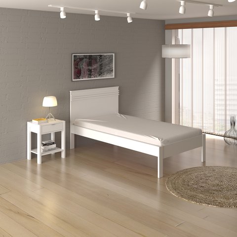 Cama De Solteiro com Cabeceira com Detalhe Ripado Branco: Branco