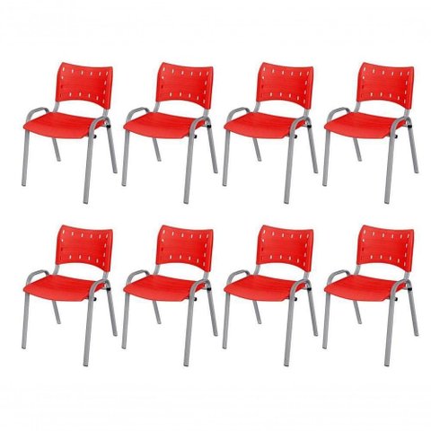 Cadeira Iso Base Cinza Escola, Escritório Vermelho Kit 8 Un