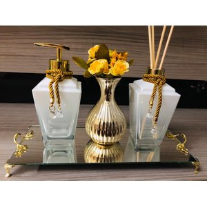 Kit Lavabo Luxo Dourado Branco 4 Peças Aromatizador Sabonete