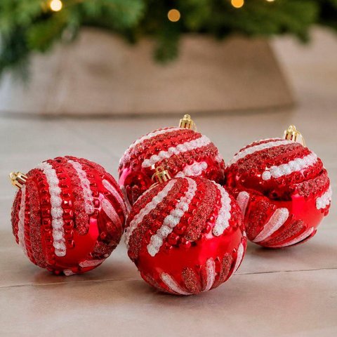 Bola de Natal Decoracao Glitter Vermelho Plastico Kit 16 10cm